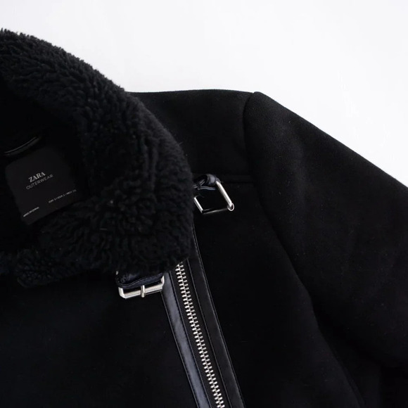Zara Black Faux Shearling Bomber  Moto Jacket Small - Picture 13 of 16